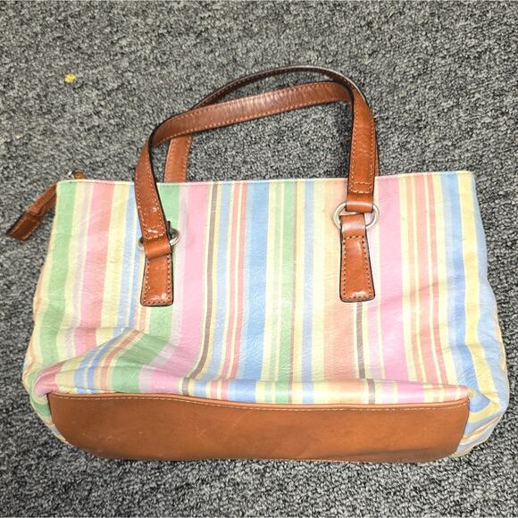 Fossil Striped Canvas Leather Tote Bag – Y2K Boho Coastal Prep Handbag - Picture 1 of 15